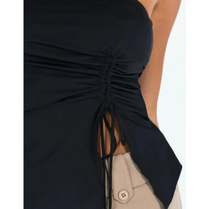 Women Tanks Solid Off Shoulder Asymmetric Drawstring Slit Casual Camis Elastic Sleeveless Female Crop Tops Summer Sexy Spicy