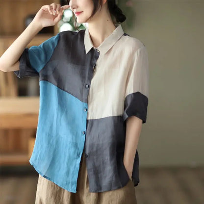 Cotton and Linen Shirt for Women Fashionable and Versatile Cardigan Lapel Top Thin Blouse Patchwork Casual Chic Female Clothes