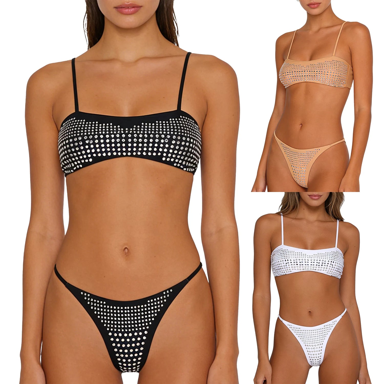 Womens Bikini Swimwear Beach Bathing Suit Shiny Sequin Two Pieces Swimwear Bikini Top with High Waist Briefs 2-piece Beachwear