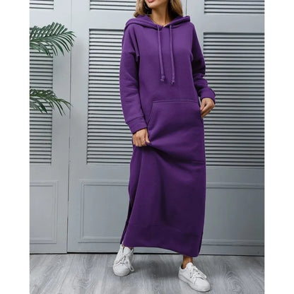 Hoodies Dress For Women Fashion 2025 Hem Lace-up Midi Robe Hooded Long Dress Autumn Winter Warm Casual Loose Sweatshirt Vestidos