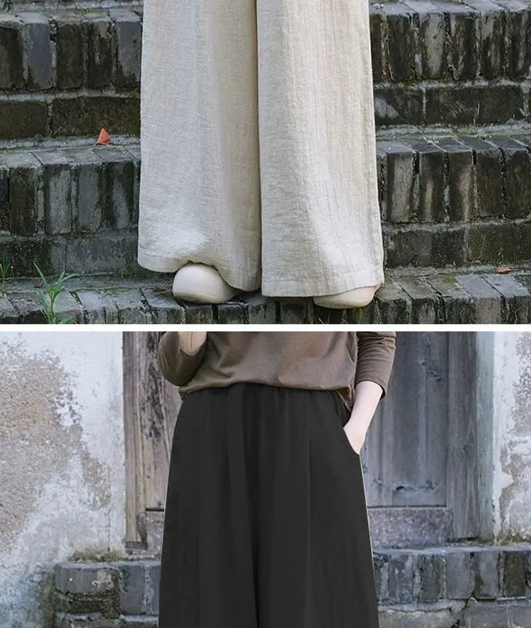 Linen Wide Leg Pants Women Casual Bohemian Loose Flowy Palazzo Pants Summer Spring