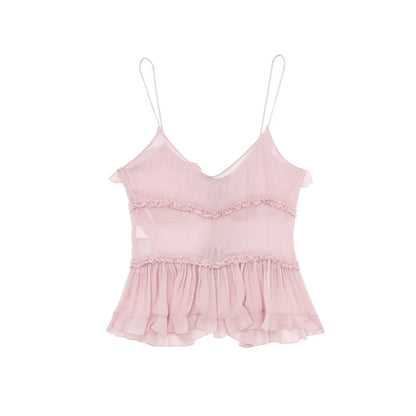 Women Fashion With Ruffled Front Tied Semi-sheer Tank Tops Sexy Backless Thin Straps Female Camis Mujer
