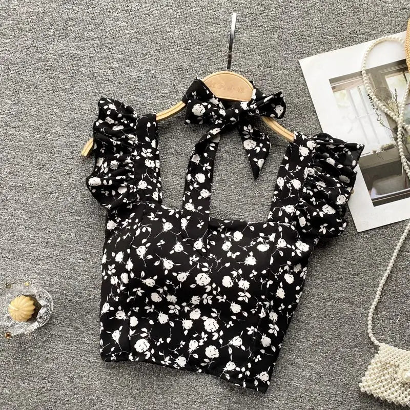 Crop Tops Camis Women Ruffles Sexy Elegant Simple Streetwear Vintage Summer Holiday Casual Young Aesthetic All-match Ulzzang New