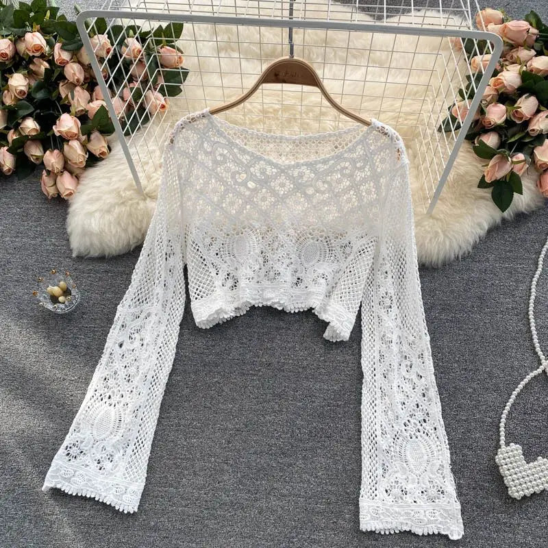 Blouses Women Retro Hollow Out All-match Sweet See-through Leisure Summer Sun-proof Korean Style Female Slim Crop Bohemian Ins