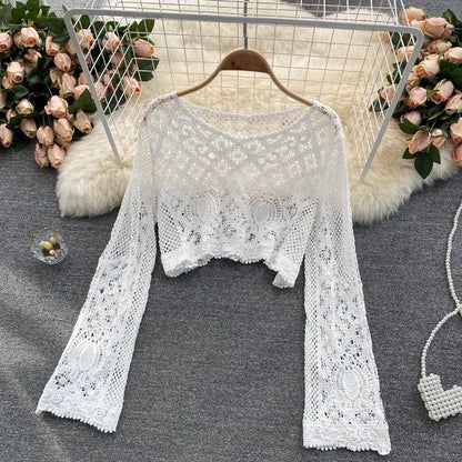 Blouses Women Retro Hollow Out All-match Sweet See-through Leisure Summer Sun-proof Korean Style Female Slim Crop Bohemian Ins