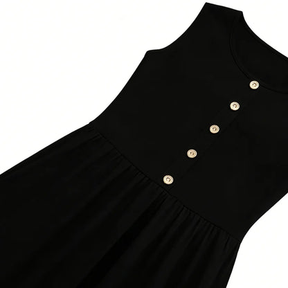 Casual Sleeveless Suspender Skirt For Women Solid Color Loose Vest Dress Slim Fit Age Reducing Summer Dress With Pockets
