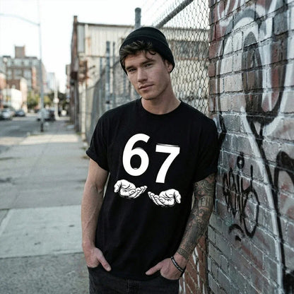 European And American Men T-Shirts Funny Six Seven 67 Meme Gen Alpha Slang 67 Hands Retro Cotton Comfort Short-Sleeve T-Shirt