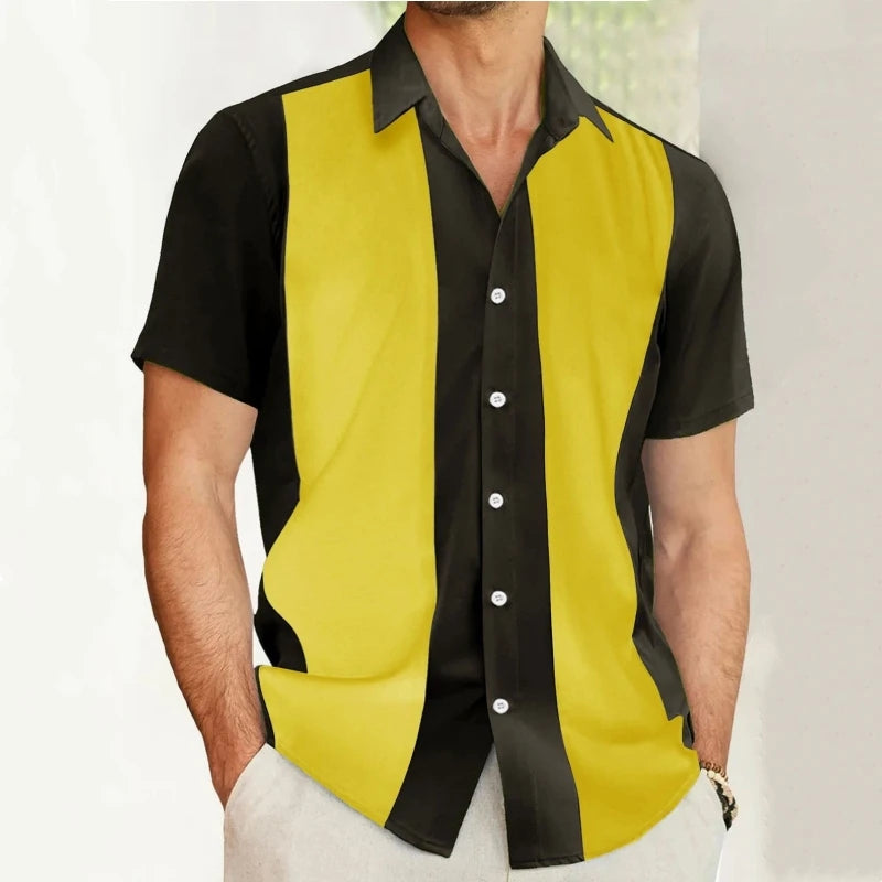 Fashion Business Stripped Splicing Man Shirts Vintage Casual And Versatile Button Down Bowling Short Sleeve Summer T-Shirt Tees