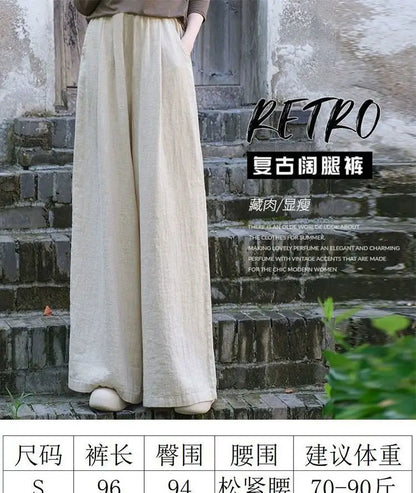 Linen Wide Leg Pants Women Casual Bohemian Loose Flowy Palazzo Pants Summer Spring