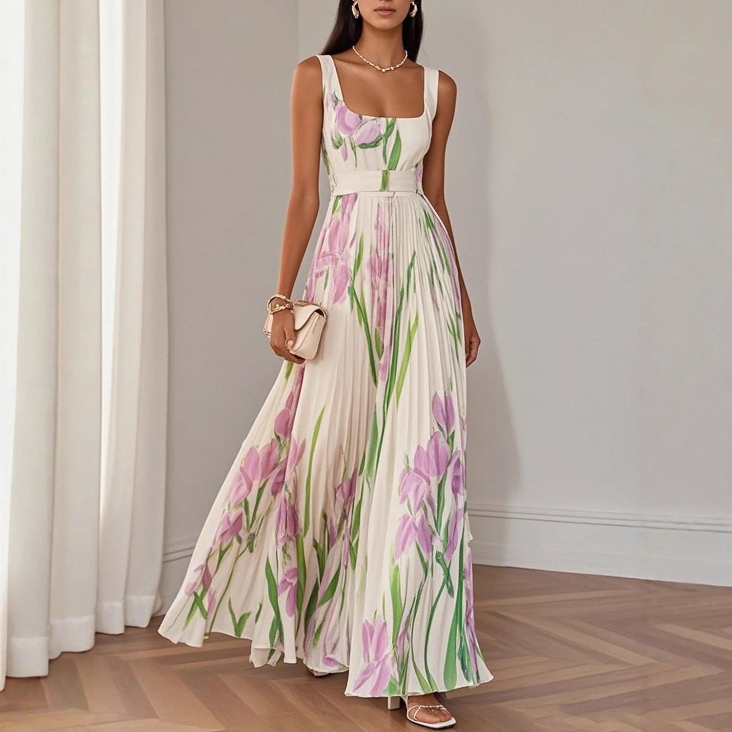 Sexy Flower Print Long Dress Women Summer 2025 Fashion Sleeveless Strap Maxi Dresses Elegant