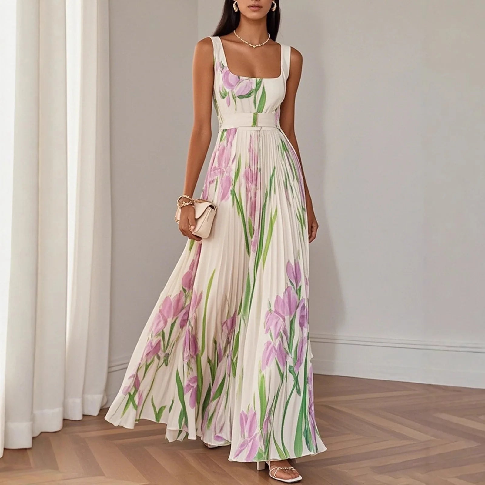 Sexy Flower Print Long Dress Women Summer 2025 Fashion Sleeveless Strap Maxi Dresses Elegant