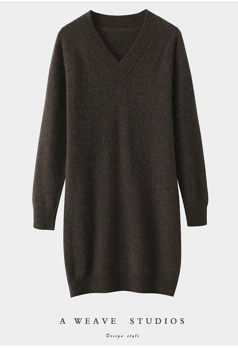 Fashion Autumn Winter Dress Women100%Merino Wool V-neck Long-sleeved Dress Women&