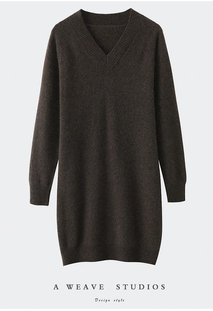 Fashion Autumn Winter Dress Women100%Merino Wool V-neck Long-sleeved Dress Women&