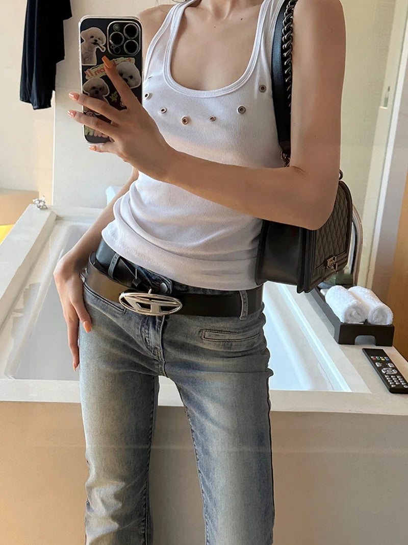 Tanks Women O-neck Sleeveless Hotsweet Hip Hop New American Style Streetwear Leisure Cool 3D Decoration Crop Tops Harajuku Solid