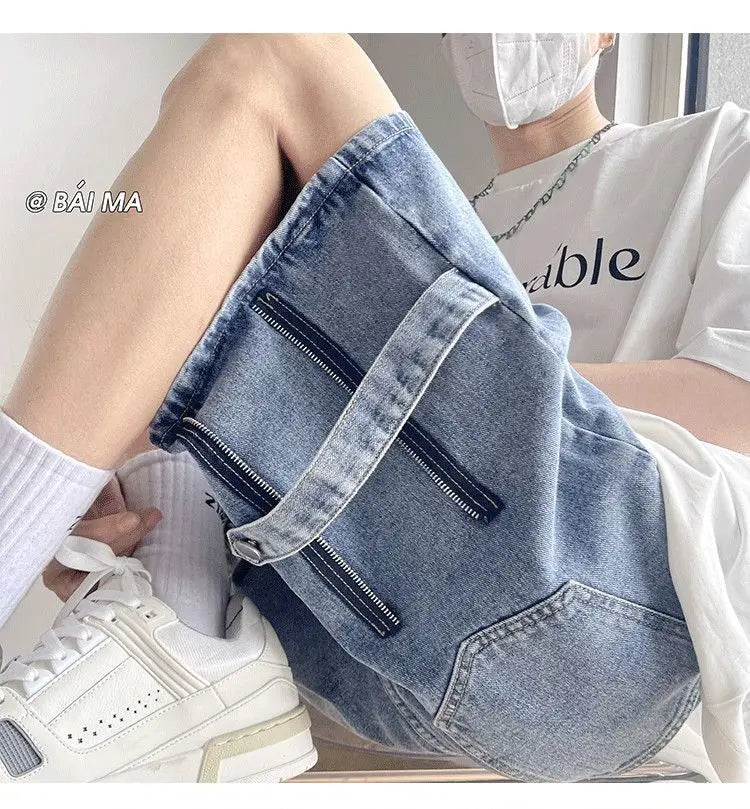 Denim Shorts Wear Five-point Summer Thin Style Trendy Street-fried Street-style Loose Straight Men&