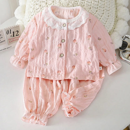 Summer Child Clothing Sets in Air-conditioned Room Girls Breathable Comfortable Long Sleeve Lace Home Clothes Sets Kids Pajamas