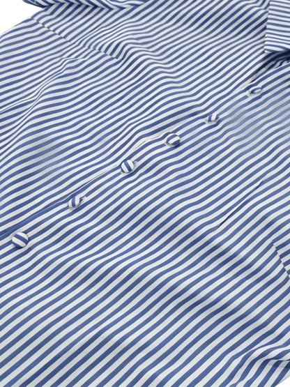 Womens Blue White Striped Cropped Button Down Shirt Slim Fit Short Puff Sleeve Y2K Vtg Casual Office Summer 2026 Chic Blouses