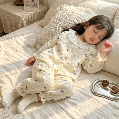 Summer Child Clothing Sets in Air-conditioned Room Girls Breathable Comfortable Long Sleeve Lace Home Clothes Sets Kids Pajamas