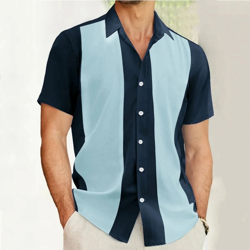 Fashion Business Stripped Splicing Man Shirts Vintage Casual And Versatile Button Down Bowling Short Sleeve Summer T-Shirt Tees