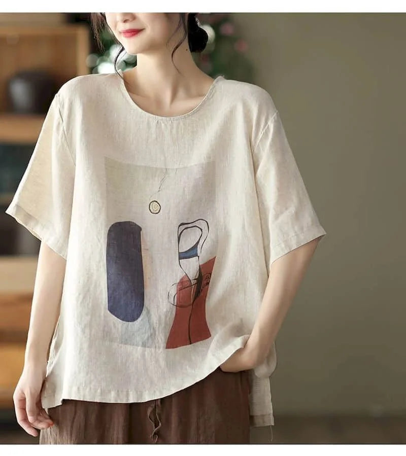 Cotton Linen T Shirts Women Fashion Vintage Art Printed T-shirt Casual Loose O-neck Short Sleeve Tops Summer Trend Thin Tshirt
