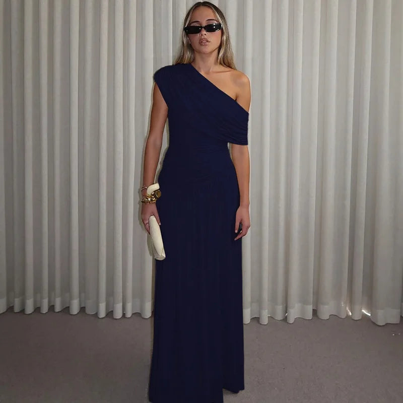 Seductive Dress Fashionable One-Shoulder Ruched Dress Minimalist Solid Asymmetrical Dress Irregular Hemline Wholesaler Gown