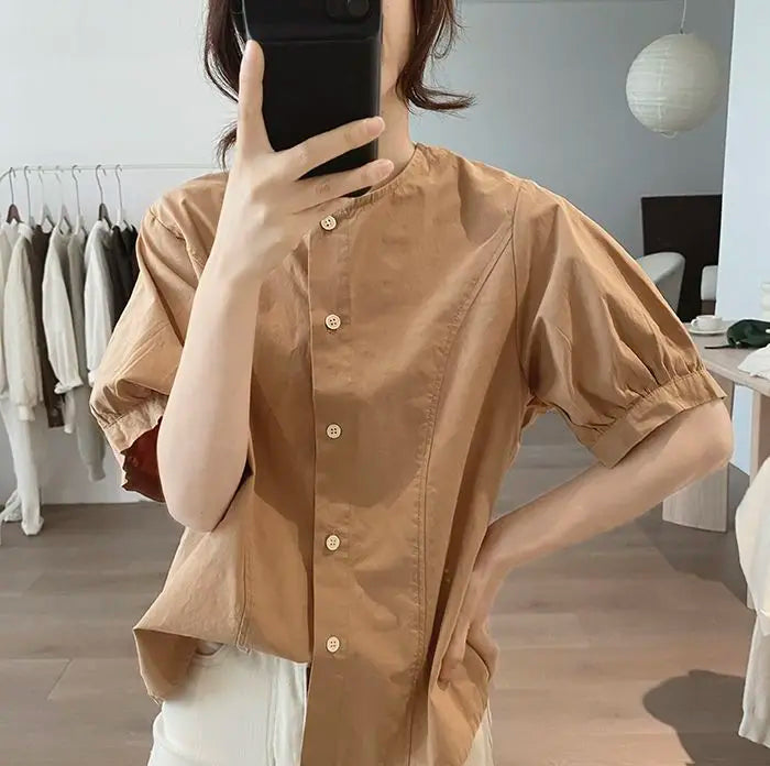 Women Round Neck Blouse Short Sleeve Button Down Loose Casual Solid Color Summer Shirt