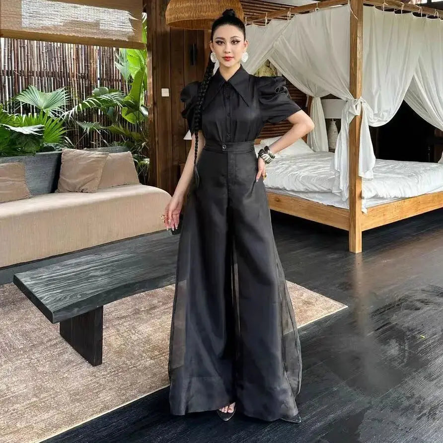 New Fashion Organza Wide Leg Palazzo Pants Women Elegant Summer High Waist Solid Color Office Lady Trousers Clothing