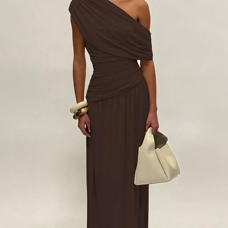 Seductive Dress Fashionable One-Shoulder Ruched Dress Minimalist Solid Asymmetrical Dress Irregular Hemline Wholesaler Gown