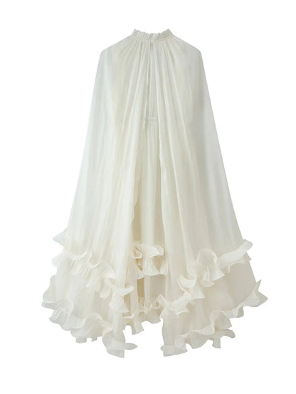 Women Elegant Ruffles Hem Beige Long Evening Dress Sleeveless Cloak Style Maxi Dresses