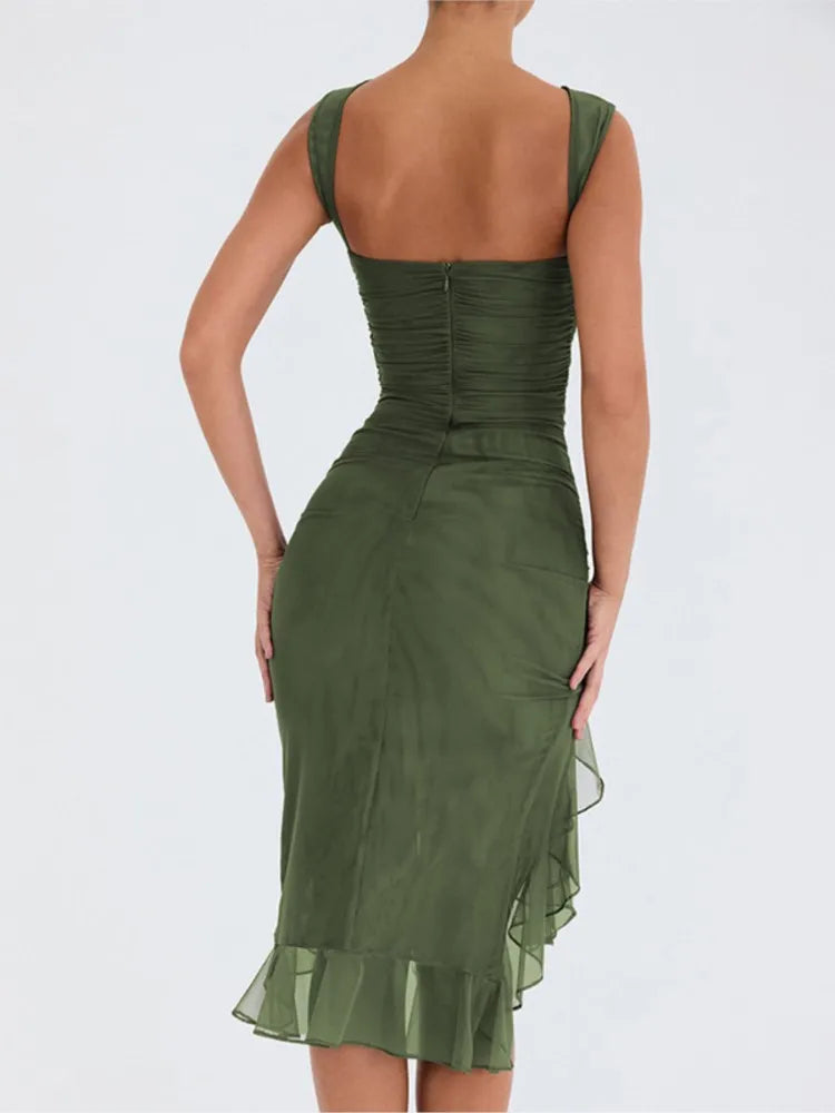 2025 Spring And Summer Sleeveless Dresses Women New Fashion Mesh Tight Solid Color Elegant Temperament Irregular Hem Vestidos