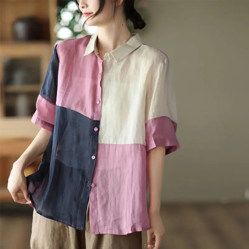 Cotton and Linen Shirt for Women Fashionable and Versatile Cardigan Lapel Top Thin Blouse Patchwork Casual Chic Female Clothes
