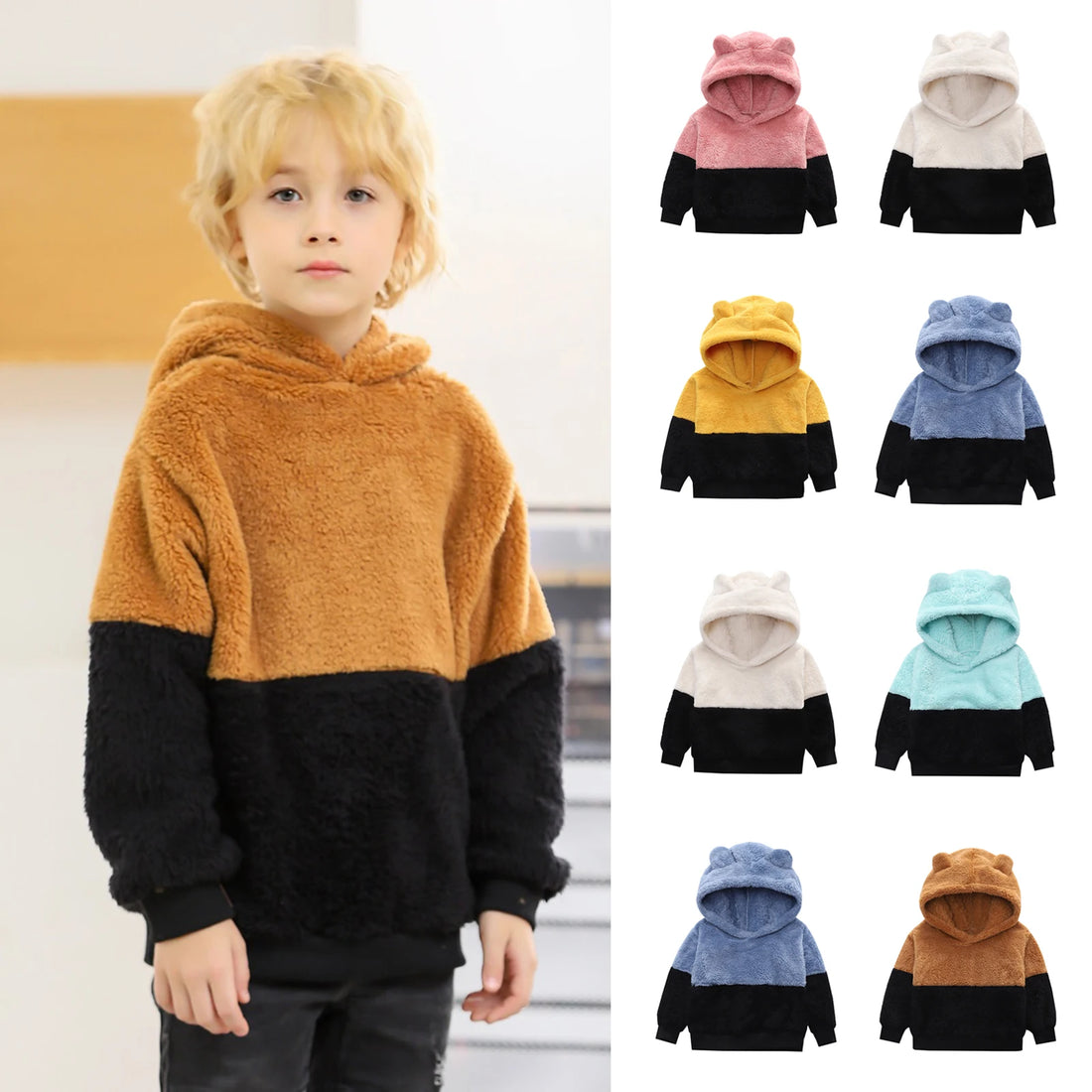 Hoodie Boys Toddler Little Boys Girls Fleec𝐞 Hoodie Pullover Sweatshirts Hooded Thick Bear Ears Shape Hoodies For Boys Age 2-8