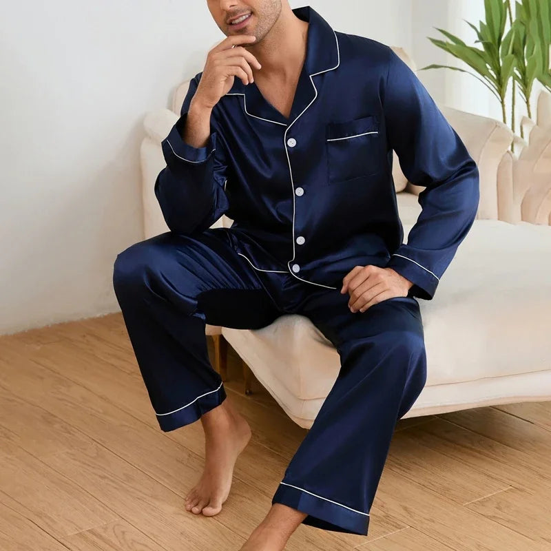 Men Sleepwear Satin Pajama Sets Long Sleeve Tops with Trousers Pajama Pj Sets Soft and Comfortable Autumn Pajamas Loungewear Set