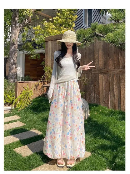 Summer French Style Floral Palazzo Pants Women High Waist Loose Boho Print Wide Leg Trousers with Drapery Comfortable &amp; Elegant