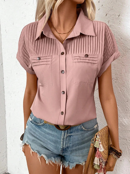 Fashion Short Sleeve Shirts For Women Summer 2025 Casual Solid Color Turn-down Collar Loose Blouse Female Elegant