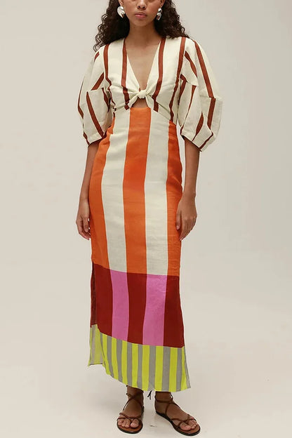 Women Fashion Linen Material  Fashion Chic Print Long Party Dresses Sexy V-neck Hollow Out High Waist Party Dress Lady Robes