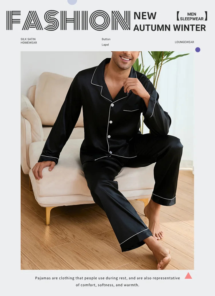 Men Sleepwear Satin Pajama Sets Long Sleeve Tops with Trousers Pajama Pj Sets Soft and Comfortable Autumn Pajamas Loungewear Set