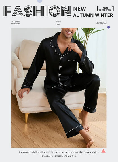 Men Sleepwear Satin Pajama Sets Long Sleeve Tops with Trousers Pajama Pj Sets Soft and Comfortable Autumn Pajamas Loungewear Set