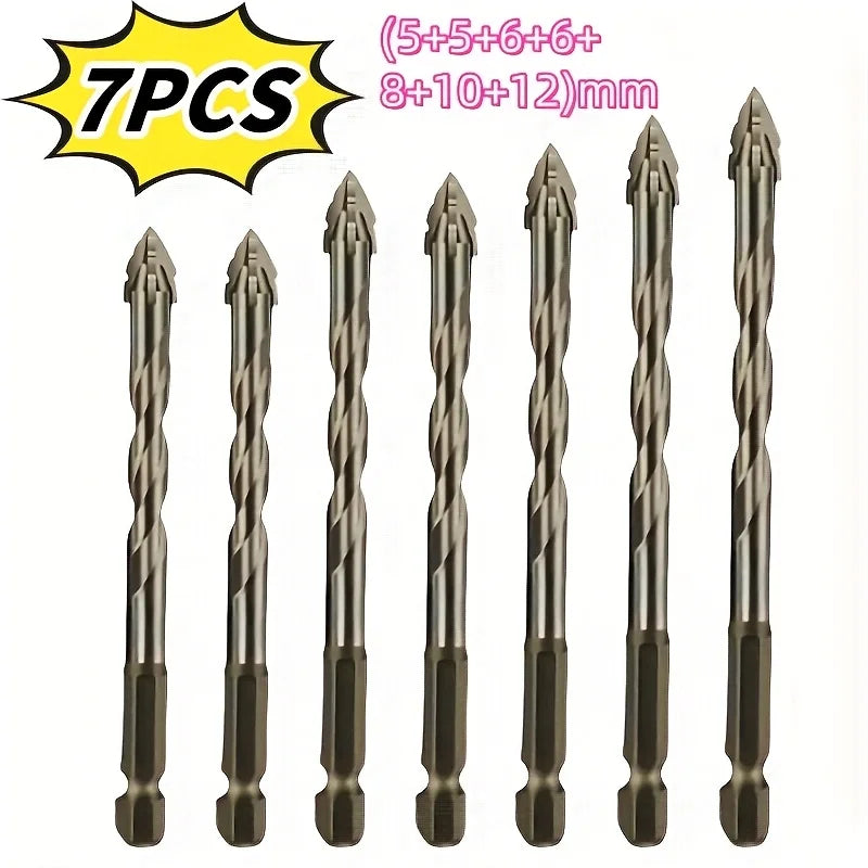 7-piece set, 4-flute carbide drills for ceramic, cast iron and concrete - Hex shank dry drilling tools.