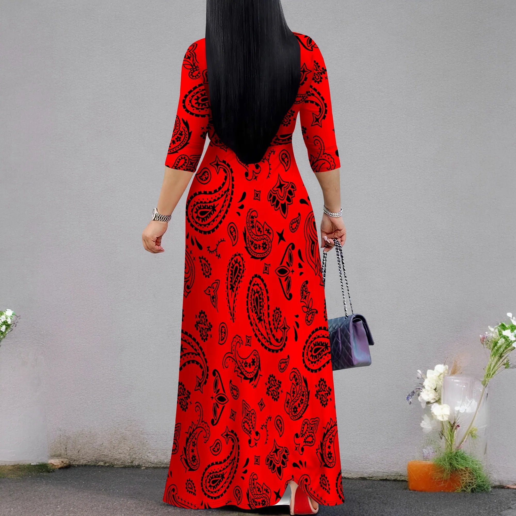 Plus Size Dresses for Women Print Maxi Dresses Flowy 3/4 Sleeve with Belt