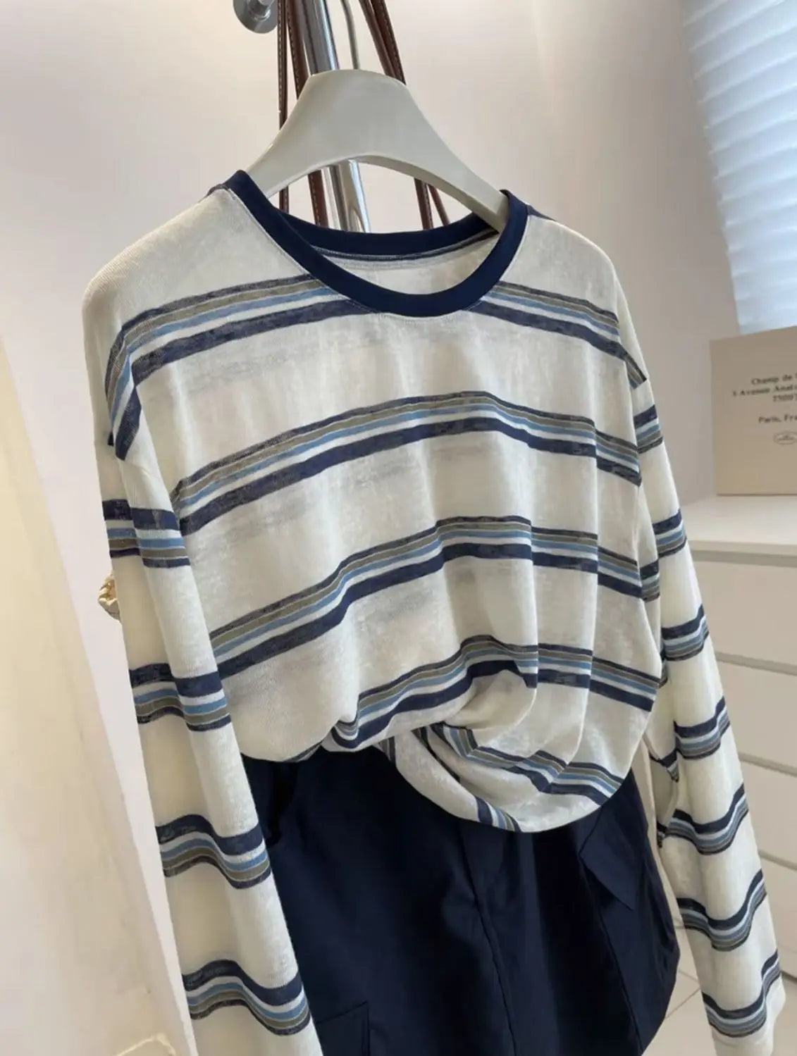 Women Clothes Spring Autumn Fashion Simplicity All-match Striped Color Blocking O-neck Ladies Appear Thin Lazy Wind Long Sleeve