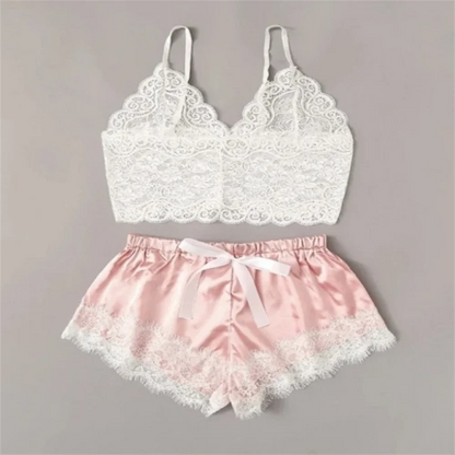 Women Pajamas Set Sexy Satin Lace Sleepwear Lingerie Ladies Elastic Suspender Shorts  Nightwear Suits Sleeveless Underwear Tops