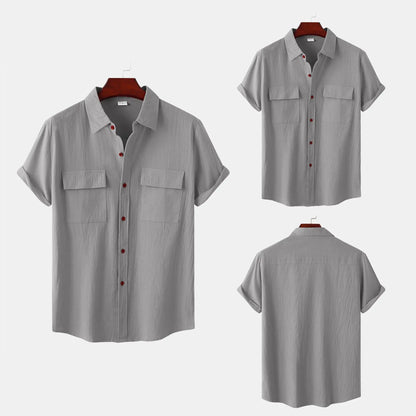 Turn Down Collar Men Shirts Solid Short Sleeve Shirts Single Breasted Casual Shirt Buttons Cardigan Sports Loose Breathable