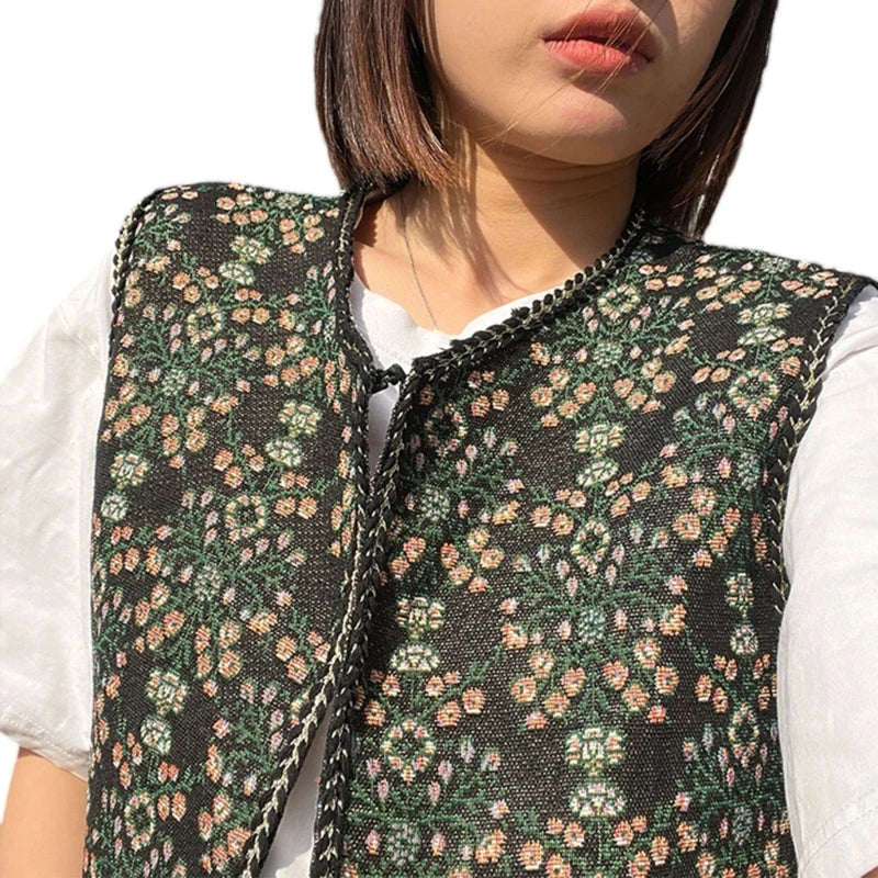 Vintage Floral Embroidery Printed Cardigan Vest Womens Elegant Sleeveless Tops Spring Summer Female Clothing Dropshipping