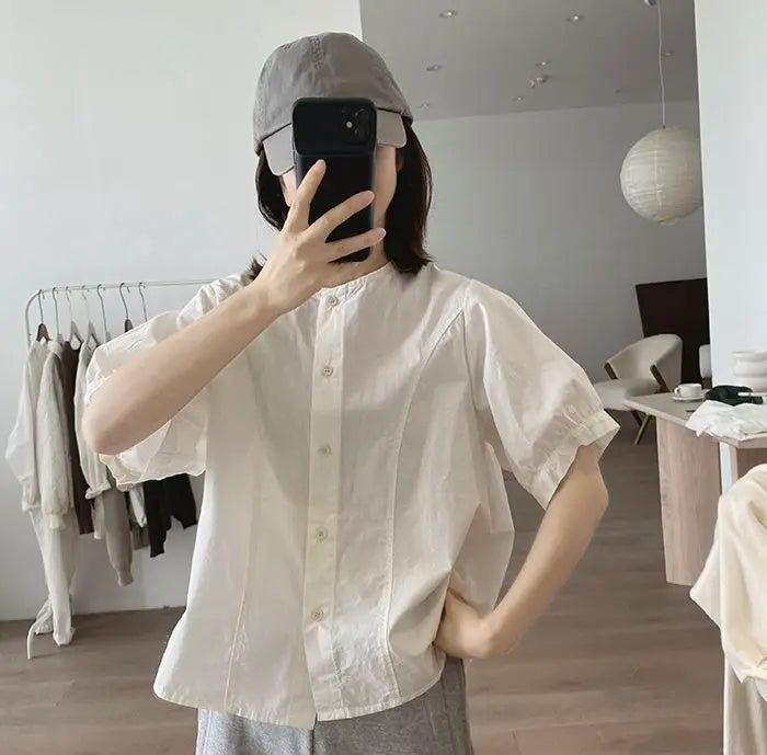 Women Round Neck Blouse Short Sleeve Button Down Loose Casual Solid Color Summer Shirt