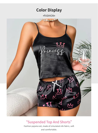 Pajamas Womens Sexy Lingerie Satin Sleepwear Silk Cami Shorts Set Soft Sleep Pjs 2 Piece Nightwear Print Pajamas Mujer Homewear
