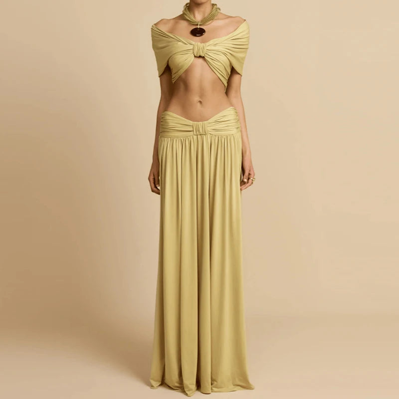 Women Fashion Hight Waist Draped Solid Outfit Elegant Half Skirt 2Pc Suit Sexy Off Shoulder Sleeveless Crop Top &amp; Long Skirt Set
