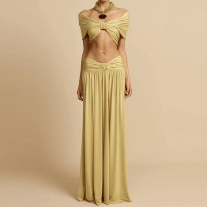 Women Fashion Hight Waist Draped Solid Outfit Elegant Half Skirt 2Pc Suit Sexy Off Shoulder Sleeveless Crop Top &amp; Long Skirt Set
