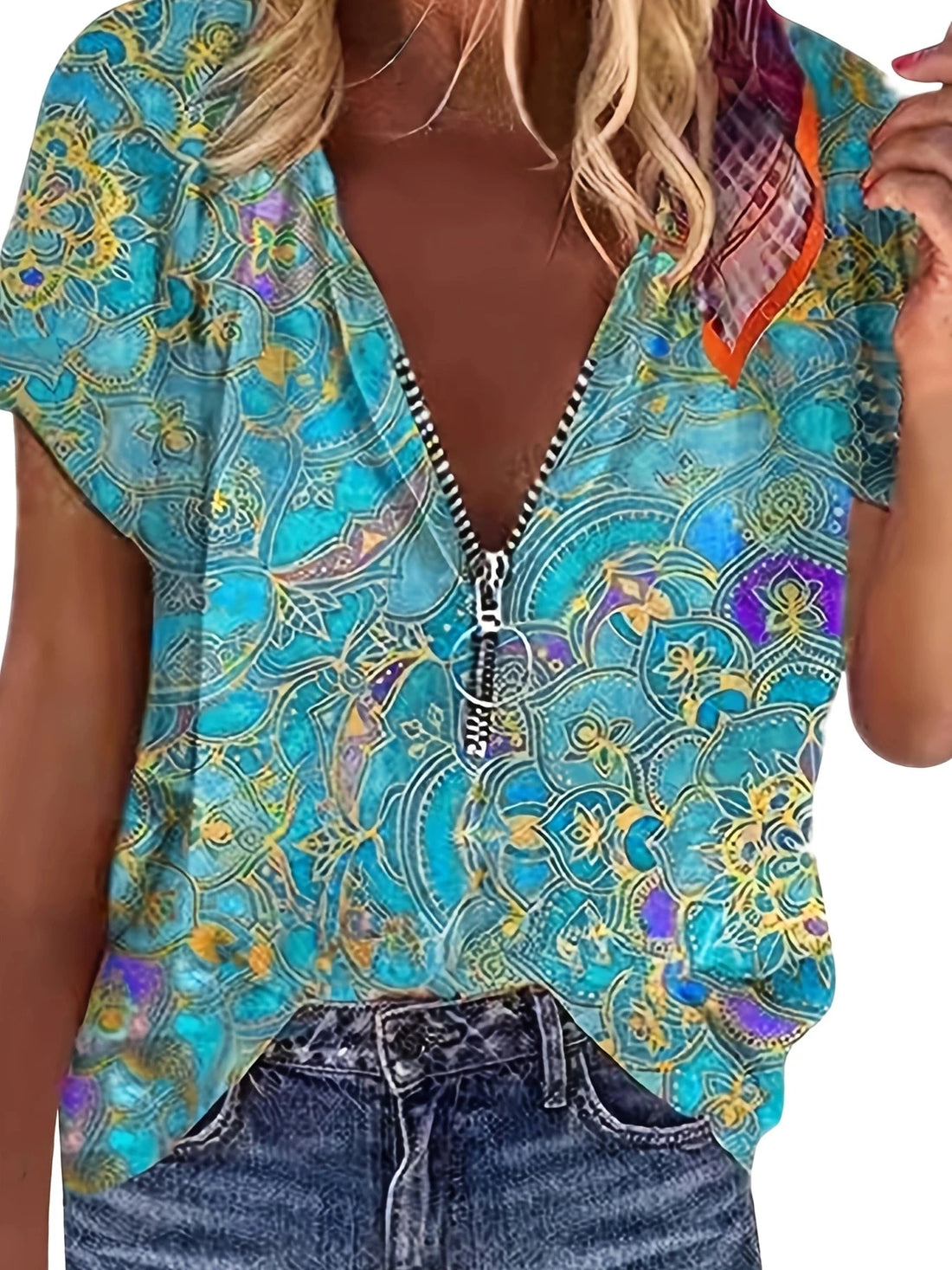 Women Fashion Short Sleeve Printed Zippered Top