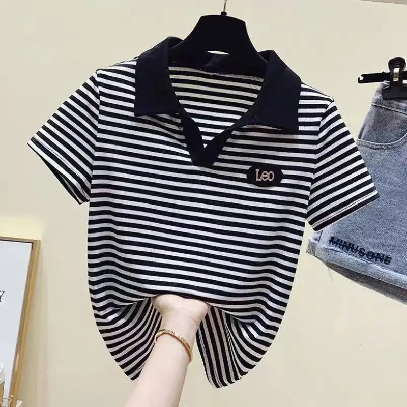 T-shirt Woman Button Tops Short Sleeve Tee Clothing Plain Polo Neck Shirts for Women Trend Luxury Polyester High Quality Sale V